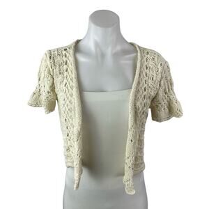 Tea & Cup Cream Crochet Short Sleeve Short Cardigan Bolero Jacket Shrug Top Sz M